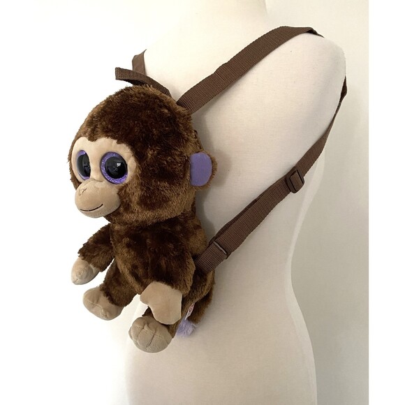 TY Brown Monkey Plush Kids Purple Eyes 100% Tysilk Adjustable Strap Backpack - Picture 3 of 7